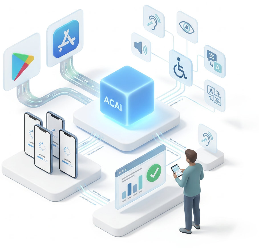 Illustration showing acai-mobile installing mobile applications from App Store and Play Store for accessibility testing without needing source code access.