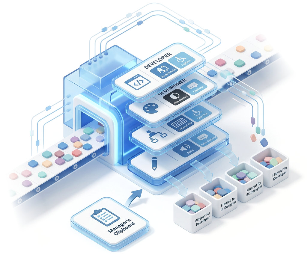Illustration of a filter machine sorting accessibility issues by team role. Colored blocks representing different issue types enter from the right and pass through stacked filter layers labeled Developer, UI Designer, UX Designer, and Editor — each showing relevant skill icons like code, screen reader, captions, high contrast, color palette, keyboard, and user flow.