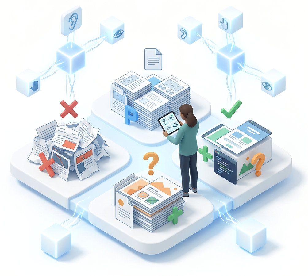 Illustration communicating a person looking at accessibility test results of 4 piles of content; pages, errors, potantiel errors and improvements.