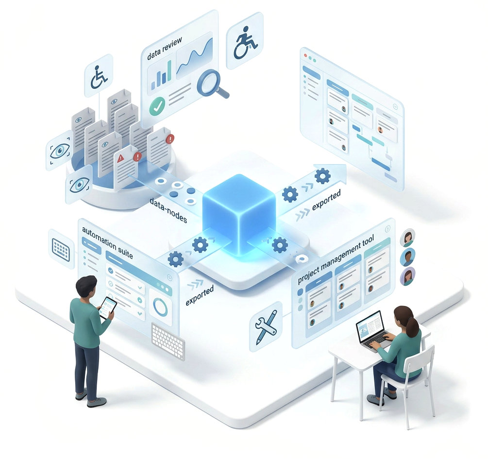 Illustration showing Accessibility Cloud's central platform distributing accessibility findings to external tools.