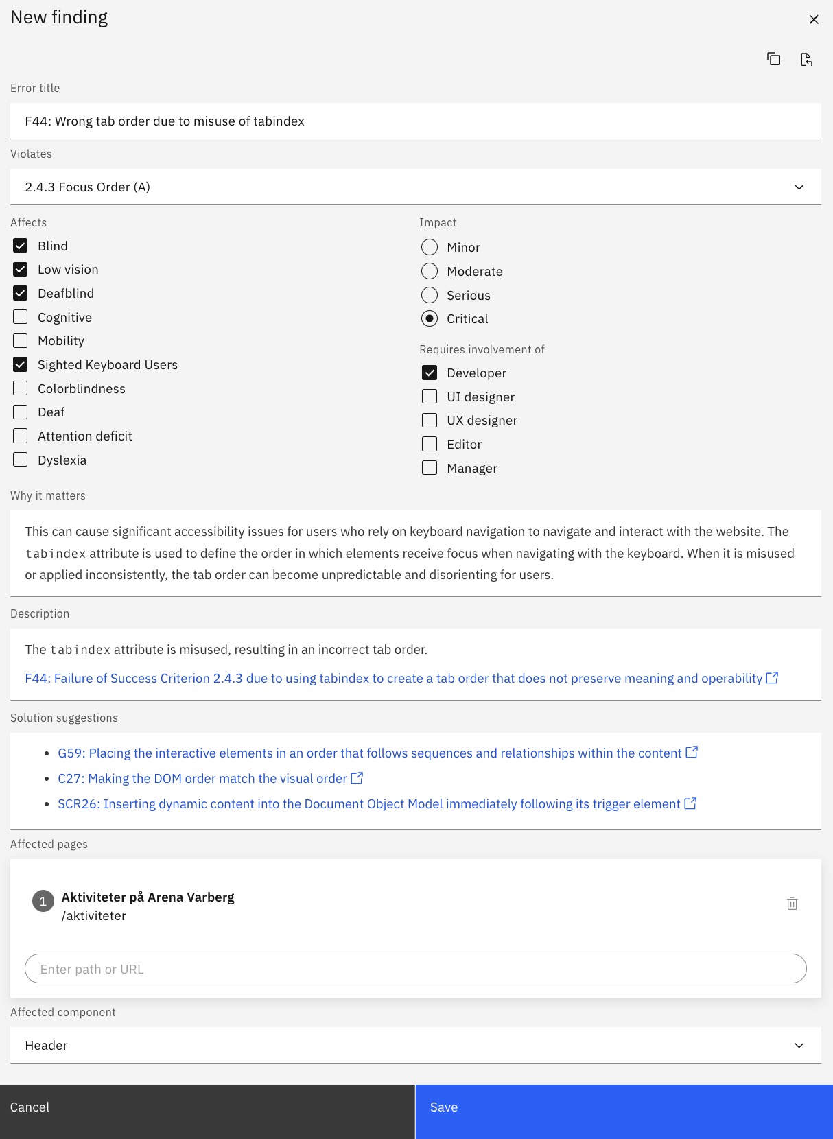 Screenshot from the new finding creation dialog