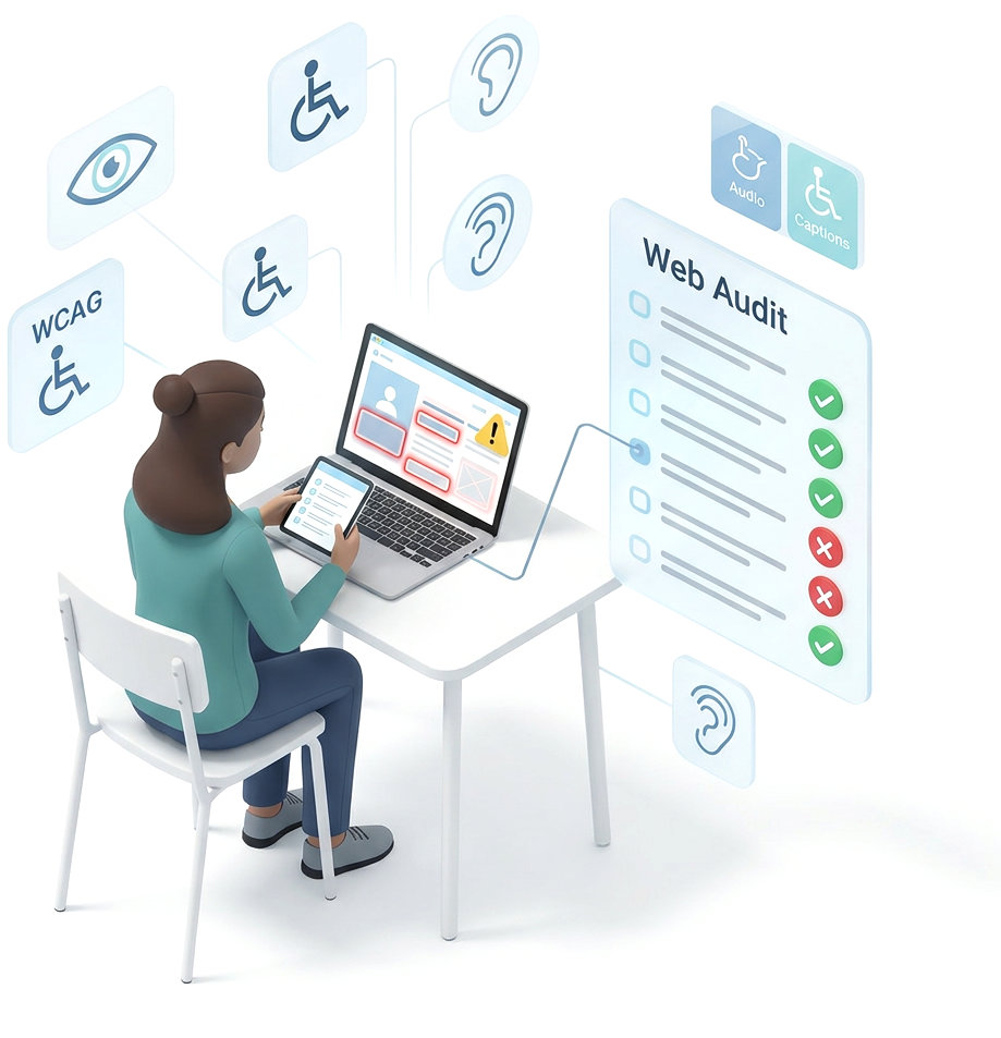 Illustration of an auditor seated at a desk performing an interactive guided test, using a laptop and tablet to visually inspect a web page with highlighted accessibility errors and warning icons. A Web Audit checklist beside her shows items marked with green checkmarks for passes and red X marks for confirmed violations.