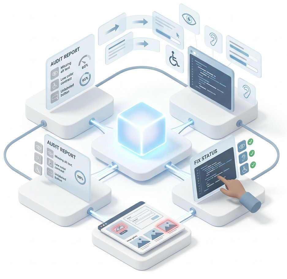 Illustration showing a live audit workflow where errors reported within the audit gets fixed and disappear from the audit.