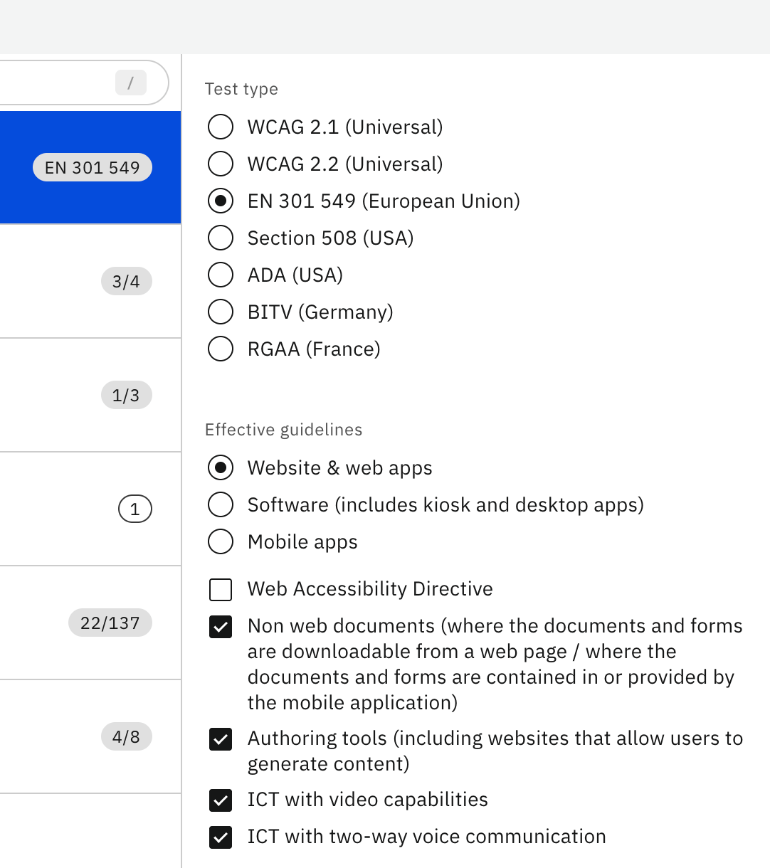 Screenshot of the test type selection in Accessibility Cloud's auditing interface