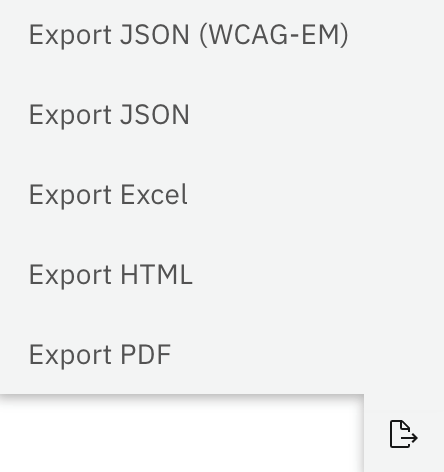 Screenshot of the export formats supported (JSON, WCAG-EM compatible JSON, Excek, HTML, PDF)