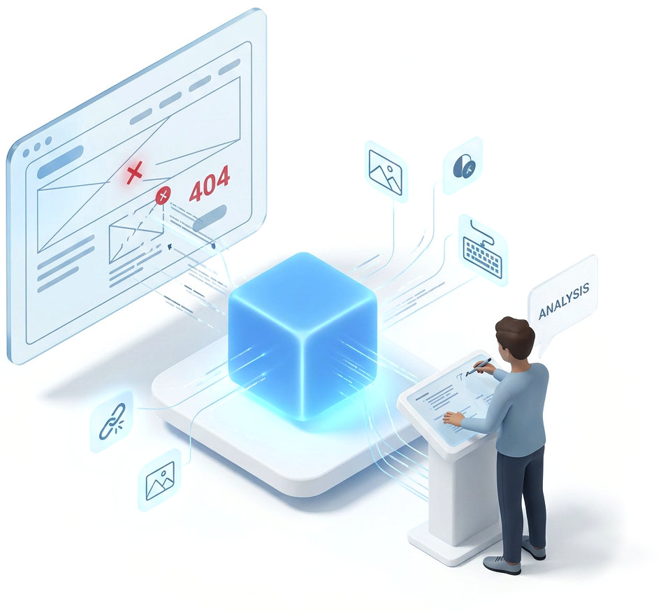 Illustration showing web quality analysis through Accessibility Cloud. On the left, a browser window displays a web page with HTTP errors including a 404 status, and image analysis.