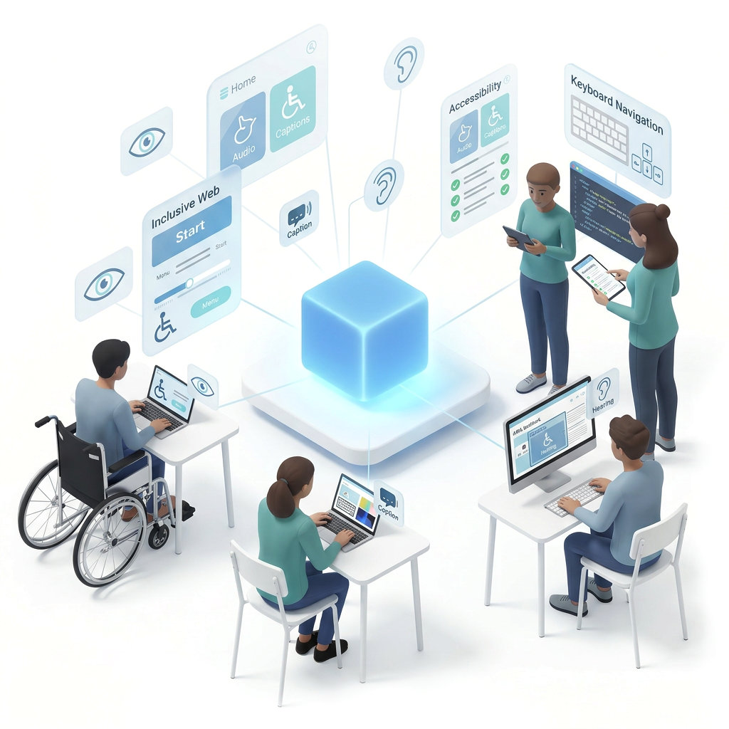 Illustration som visar olika användare anslutna till Accessibility Cloud. Fem personer arbetar på olika enheter: en rullstolsanvändare vid en bärbar dator med ett Inclusive Web-gränssnitt som visar ljud, textning och navigationskontroller; två stående kollegor som granskar tillgänglighetslistor och kod på surfplattor; en person vid en bärbar dator som arbetar med färgverktyg och textning; och någon vid en stationär dator märkt ARIA med hörselstödfunktioner. Omgivande paneler visar etiketter för Tangentbordsnavigering, Tillgänglighet, Ljud, Textning och Hörsel, vilket representerar plattformens heltäckande approach till inkluderande webbtestning.
