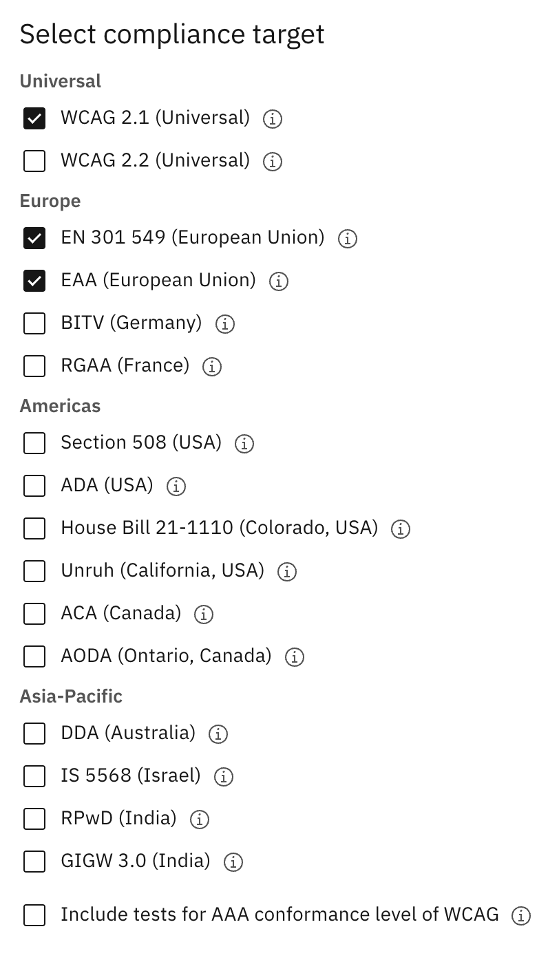 Skärmbild av val av efterlevnadsmål i Accessibility Cloud. Listan över efterlevnadsmål visas på sidan.