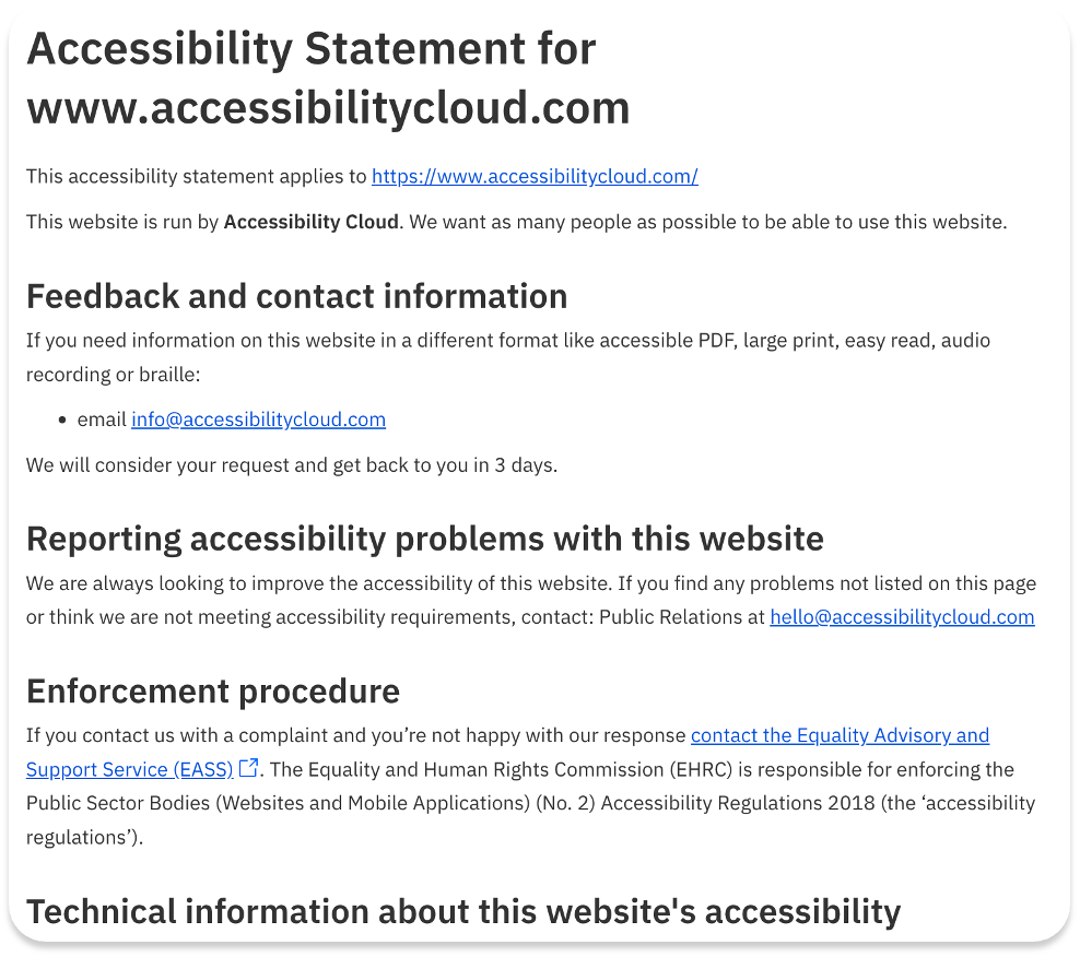Skärmbild av ett nyligen genererat tillgänglighetsutlåtande för Accessibility Cloud-webbplatsen