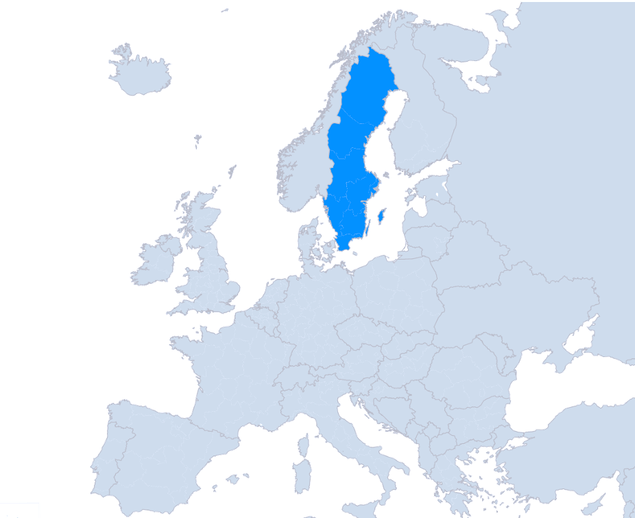 Karta över Europeiska ekonomiska samarbetsområdet där Sverige är markerat för att visa Accessibility Clouds datacenterplatser