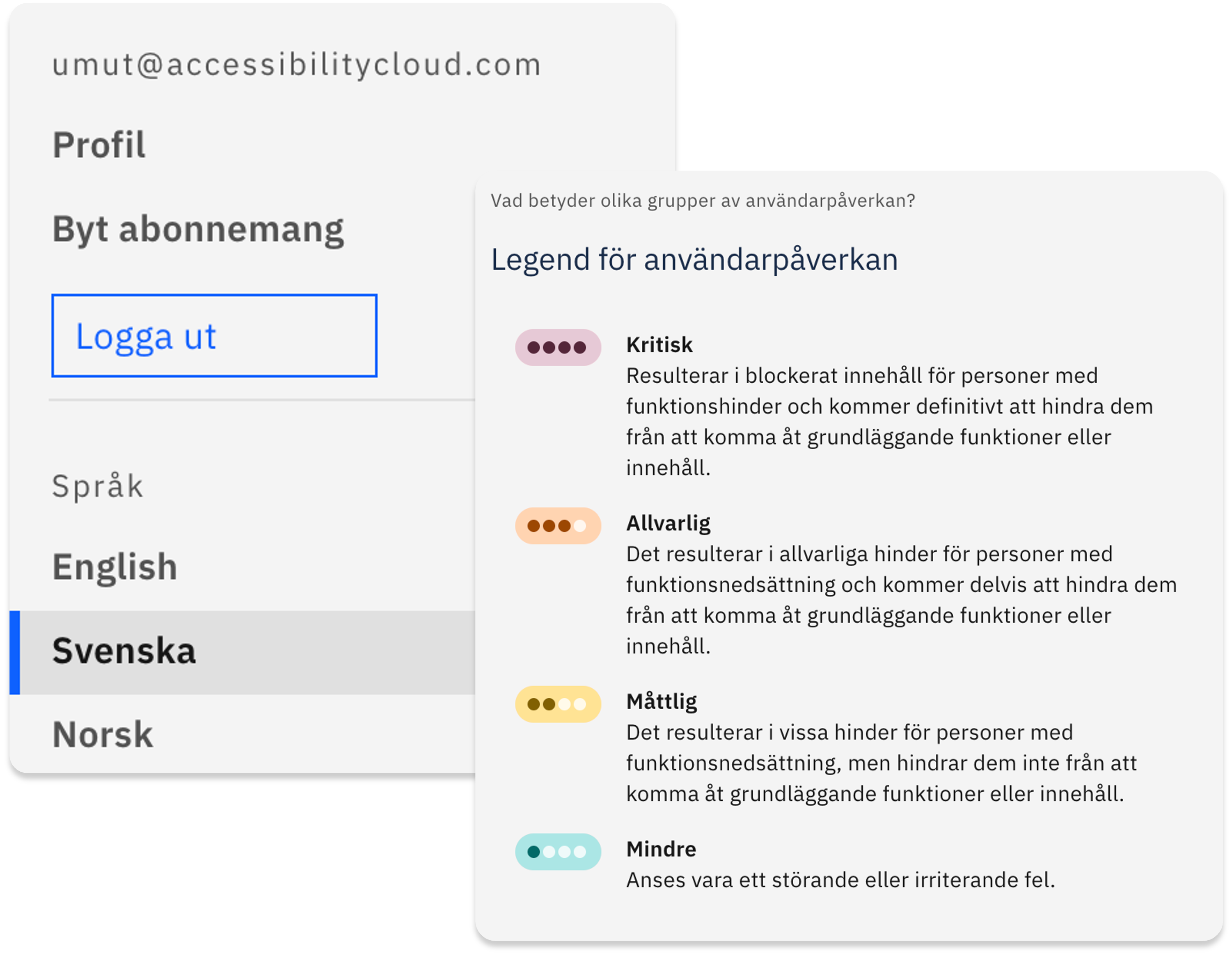 En del av Accessibility Clouds användargränssnitt där användare har möjlighet att växla mellan tillgängliga gränssnittsspråk