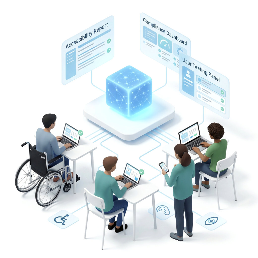 Illustration som visar ACAI, representerad som en lysande blå kub med ett nätverksmönster, i centrum av ett sammankopplat arbetsflöde. Tre flytande paneler märkta Accessibility Report, Compliance Dashboard och User Testing Panel sträcker sig ut från kuben. Fyra olika personer omger den: en rullstolsanvändare som arbetar på en bärbar dator, en person som sitter med en bärbar dator, en person som står och granskar en smartphone och en person som arbetar på en bärbar dator vid ett skrivbord. Tillgänglighetsikoner för rullstolsåtkomst, hörsel och syn visas på golvet, och gröna bockar på skärmar indikerar lyckade testresultat.