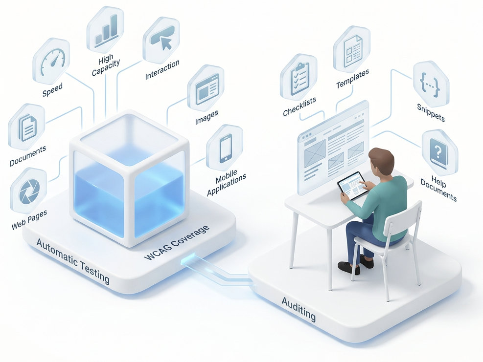 Illustration som visar två sammankopplade komponenter i Accessibility Clouds plattform: till vänster, Automatisk testning representerad av en lysande blå kub (ACAI) med omgivande ikoner för Hastighet, Hög kapacitet, Interaktion, Bilder, Mobilapplikationer, Webbsidor, Dokument och WCAG-täckning; till höger, Revision representerad av en person som sitter vid ett skrivbord och använder en bärbar dator, omgiven av ikoner för Checklistor, Mallar, Kodavsnitt och Hjälpdokument