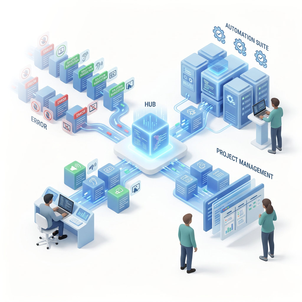 Illustration montrant un processus d'export de flux de travail centré sur ACAI by Accessibility Cloud, représenté par un cube lumineux. À gauche, des erreurs d'accessibilité et des suggestions de solution avec des icônes pour le toucher, la vision, l'ouïe, les sous-titres et le lecteur d'écran alimentent ACAI. Depuis ACAI, les données sont exportées dans deux directions : vers le haut vers une suite d'automatisation représentée par des piles de serveurs avec des icônes d'engrenage où un développeur travaille à un bureau debout, et vers la droite vers un tableau de gestion de projet avec des cartes de tâches et des graphiques où deux membres de l'équipe examinent la progression. Une personne à un poste de travail assis en bas à gauche surveille les erreurs entrantes.
