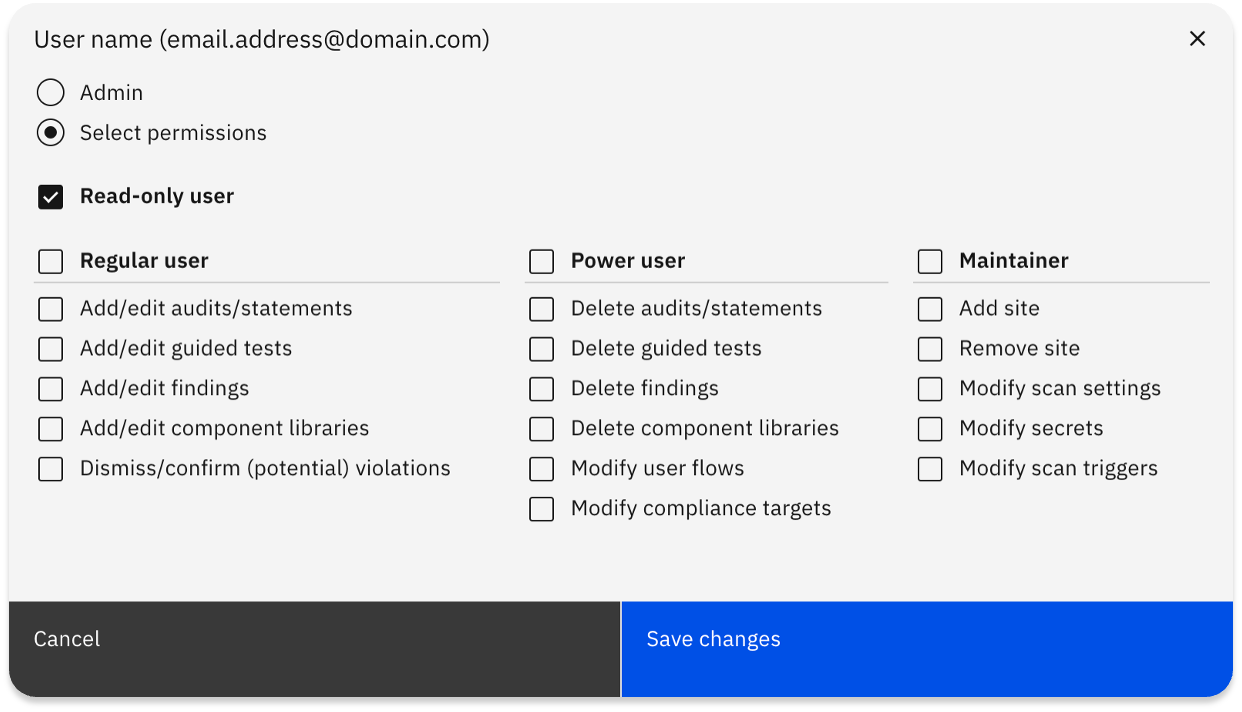 Capture d'écran de la section de gestion des permissions des utilisateurs dans Accessibility Cloud