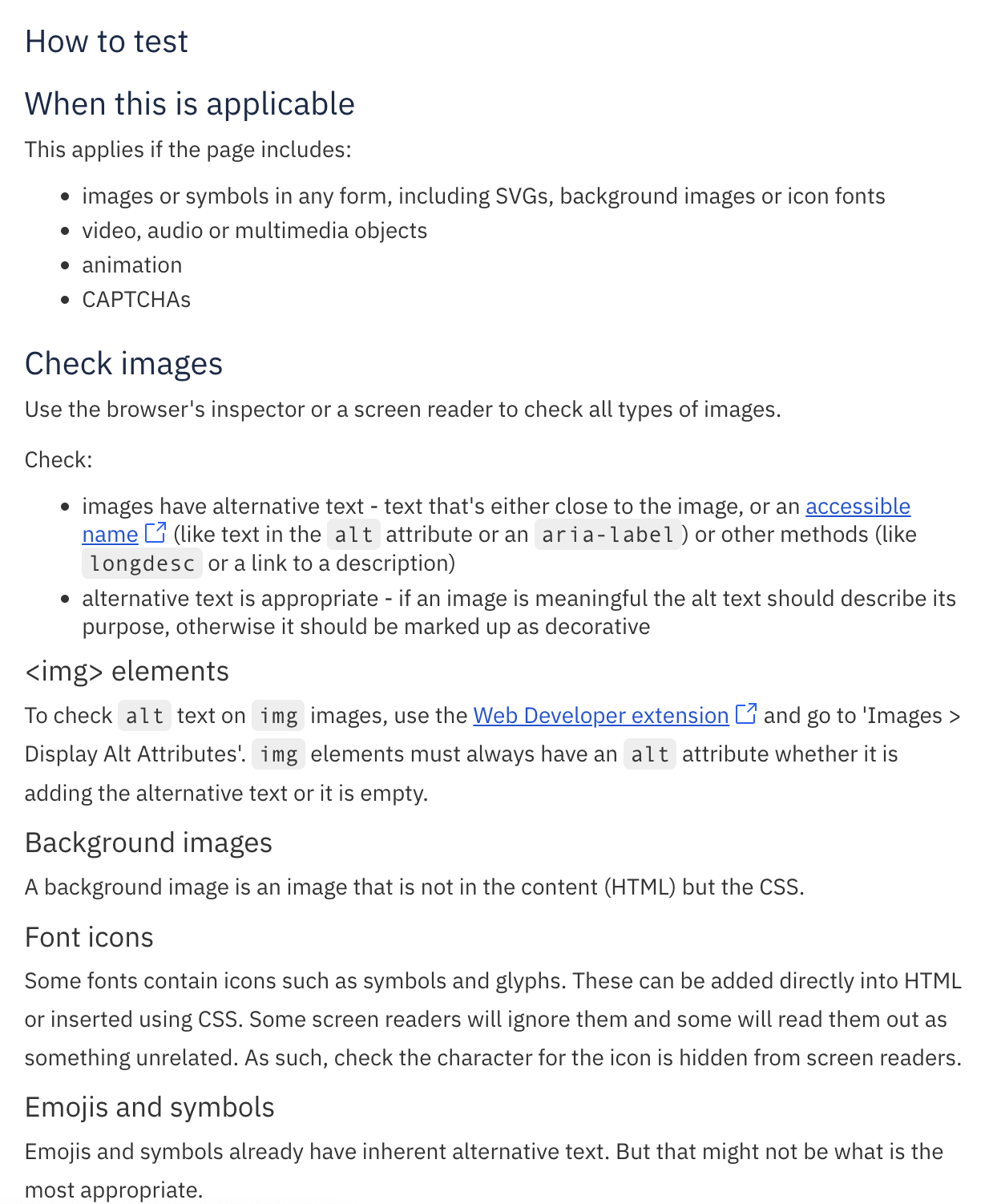 Capture d'écran des instructions de test issues de WCAG Primer