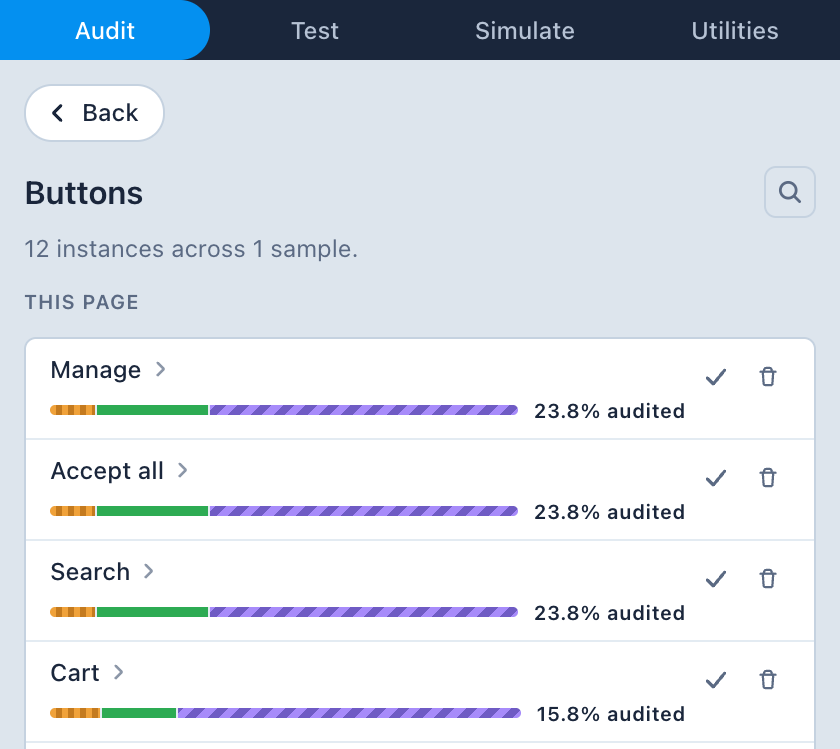 Screenshot showing a list of detected button components and their audit progress.