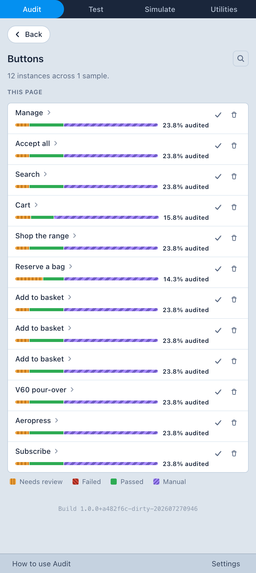 Screenshot showing a list of detected button components and their audit progress.