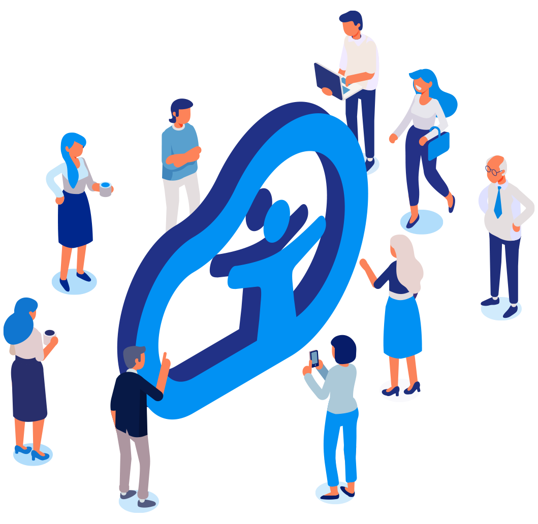Bilden visar personer som står runt logotypen av Accessibility Cloud