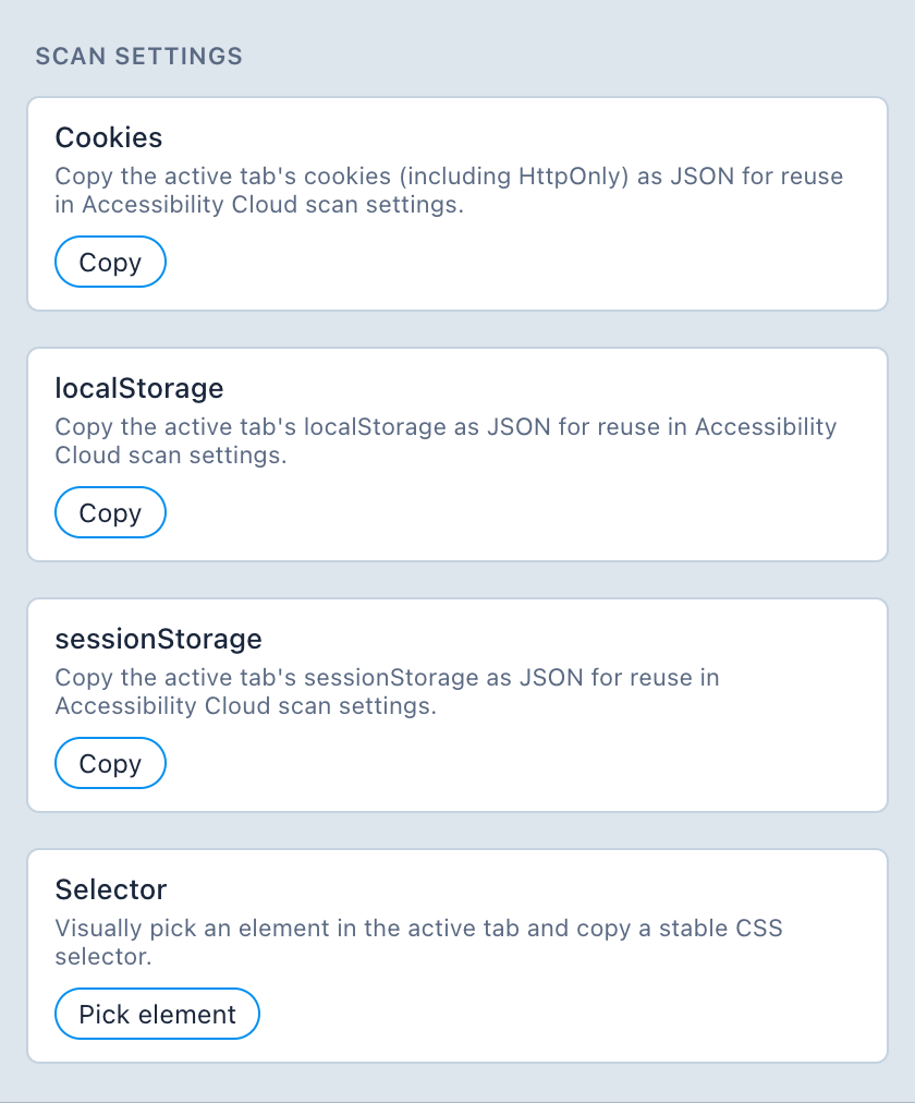 Screenshot from the utilities view where options to copy Cookies, localStorage, sessionStorage and Selector is visible.