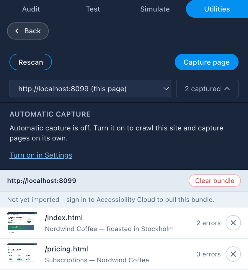 Screenshot from the capture utility, showing two pages from a localhost site captured.