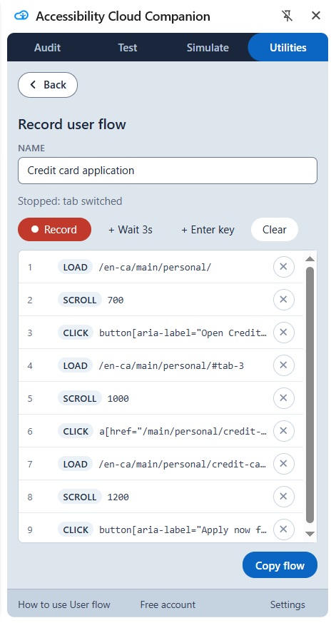 The Accessibility Cloud Companion audit panel, showing accessibility test results with categories such as Animations, Draggable Elements, Whole Page, and Hidden. Color-coded bars indicate status with percentages, highlighting hidden elements and issues on the whole page, along with sections for needs review, improvements, and options to add custom findings.