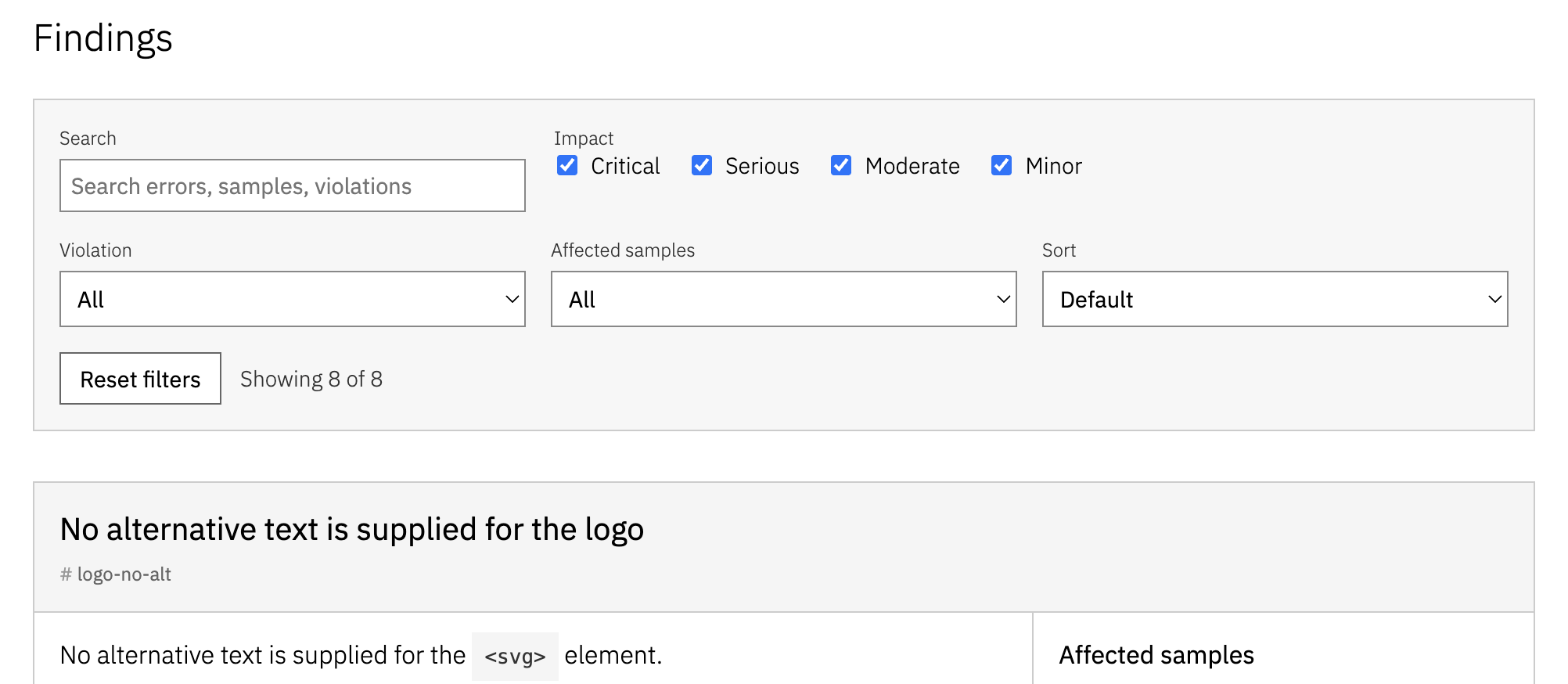 Filter section for automatic tests and findings allowing searching and filtering within the report