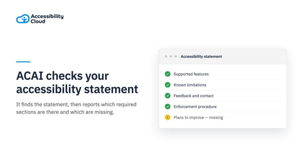 An accessibility statement with its required sections listed. Supported features, known limitations, feedback and contact, and enforcement procedure are ticked. Plans to improve is marked as missing.