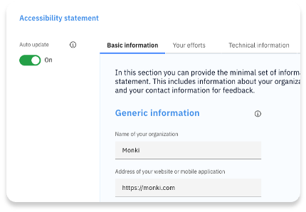 Screenshot of accessibility statement generation page in Accessibility Cloud