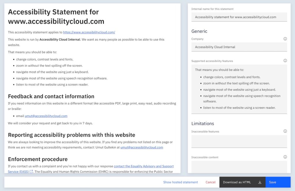 Screenshot of a newly generated accessibility statement in edit mode in Accessibility Cloud