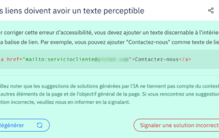 Screenshot of a solution suggestion in French, generated by AI by analyzing the site's actual code and accessibility errors.