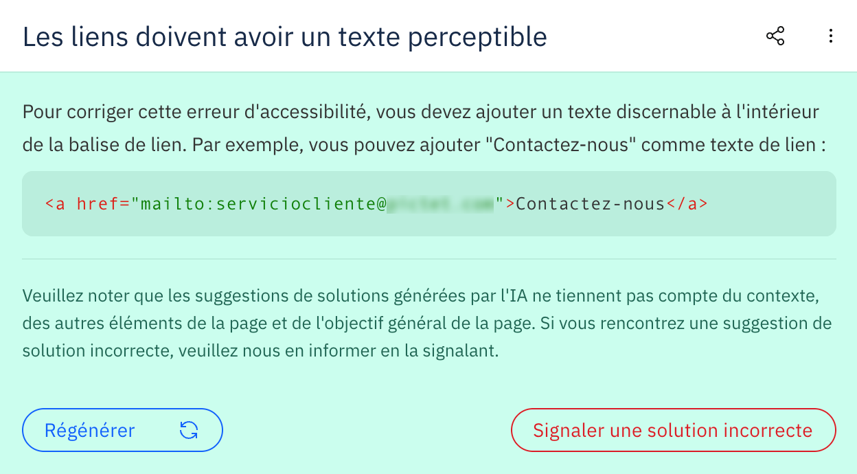 Screenshot of a solution suggestion in French, generated by AI by analyzing the site's actual code and accessibility errors.