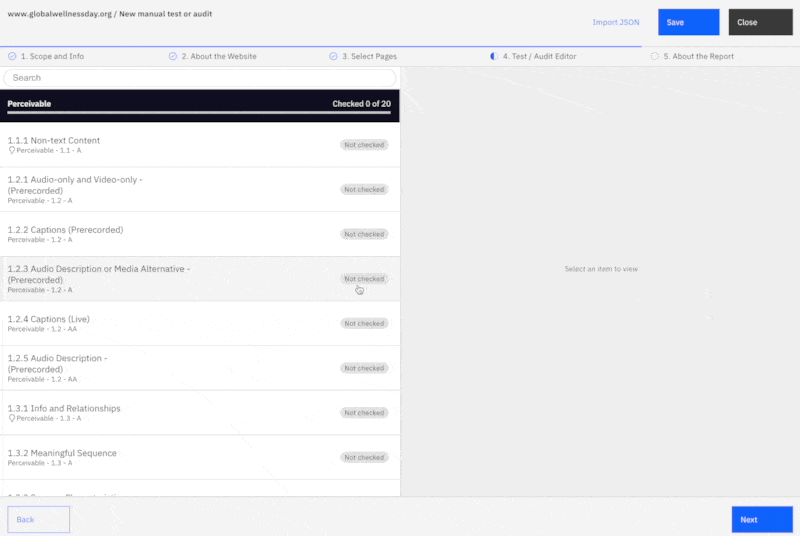 Screen recording of Accessibility Cloud's new feature: automatically filling the findings of automatic tests within a manual accessibility test