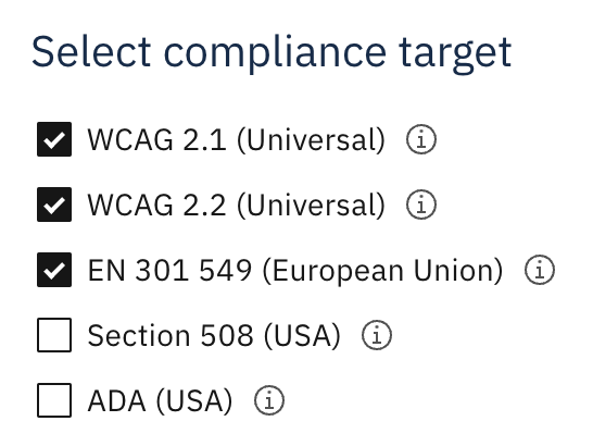 Screenshot from Accessibility Cloud's compliance selection page, showing the new option; WCAG 2.2