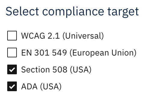 Screenshot of the compliance target selection page of Accessibility Cloud, showing the new options of Section 508 and ADA