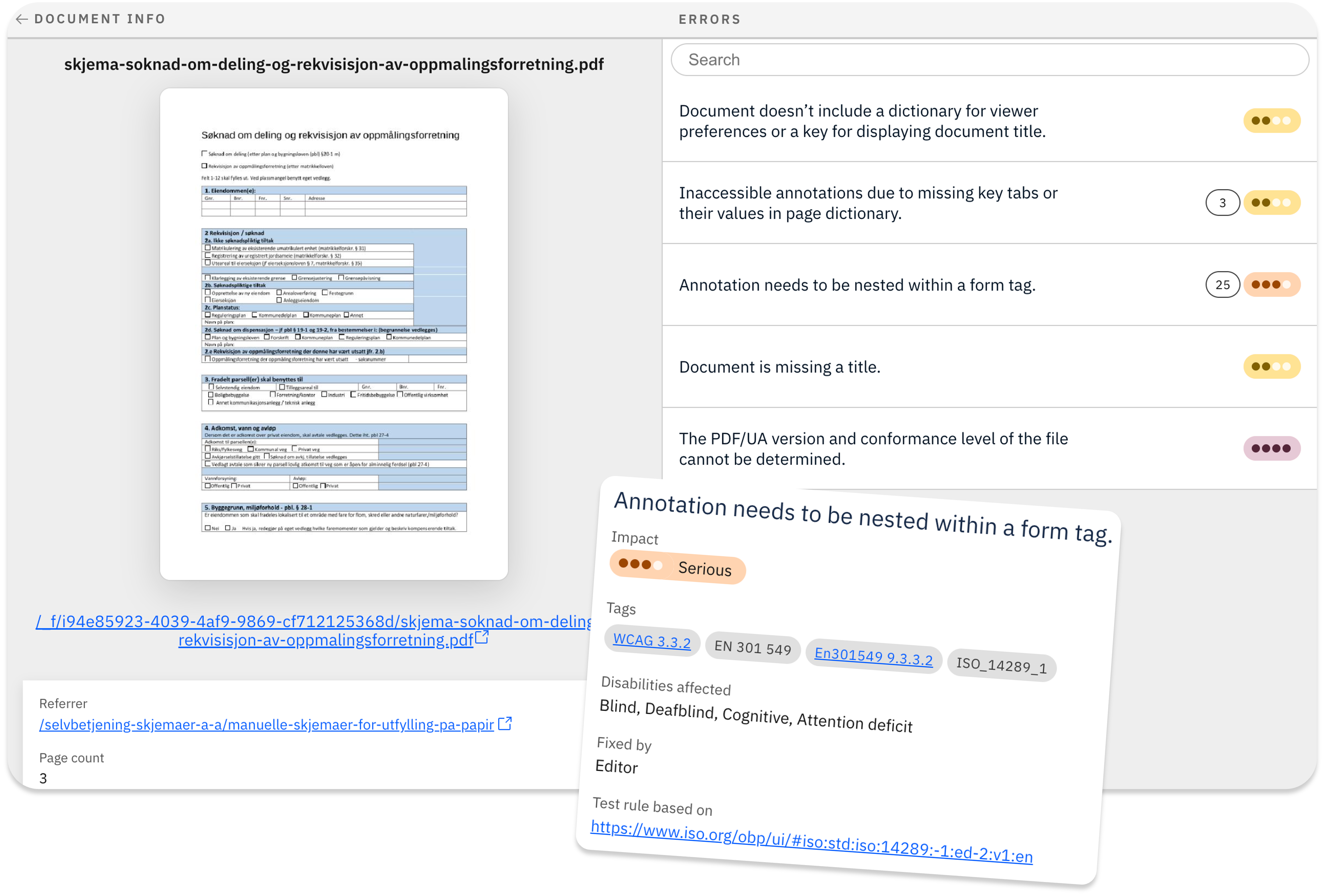 Document info and errors panes in view in Accessibility Cloud, showing a document, it's information, it's scan results for accessibility defects