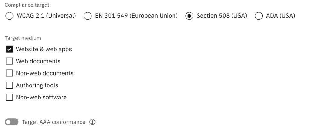 Screenshot of the manual test/audit feature of Accessibility Cloud, showing the options of guideline, medium and conformance target selections