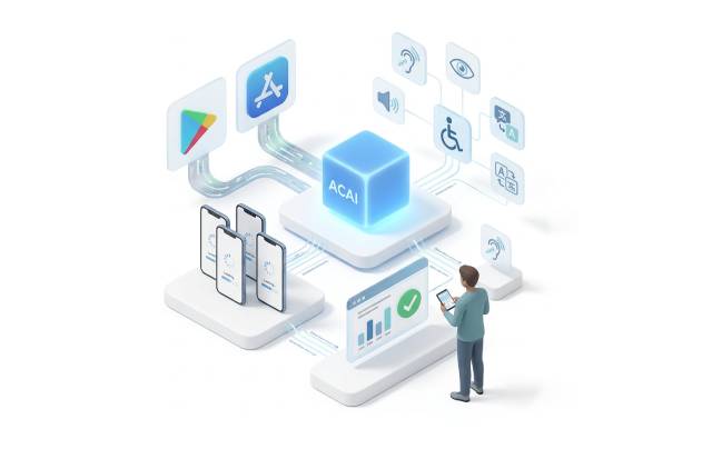 Illustration showing acai-mobile installing mobile applications from App Store and Play Store for accessibility testing without needing source code access.