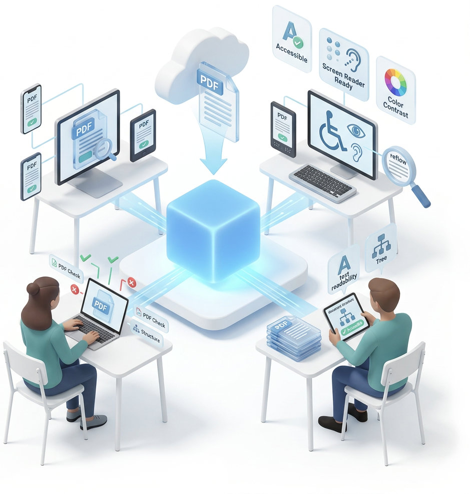 Illustration showing PDF accessibility testing through Accessibility Cloud. A PDF document uploads via the cloud into ACAI by Accessibility Cloud.