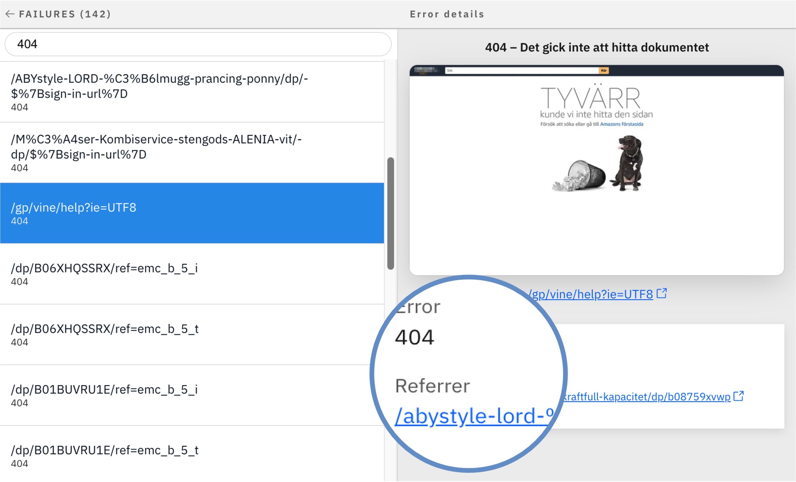 Failures and error details panes active in Accessibility Cloud, showing 142 counts of broken links found in a site, along with broken links and the referring pages