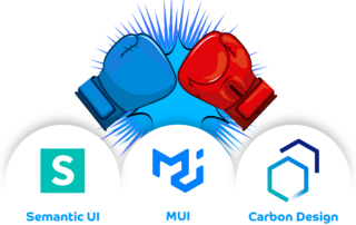 Illustration depicting a three way box match as a way to communicate the concept of comparison between 3 component libraries; Semantic UI, MUI and Carbon Design System from an accessibility standpoint