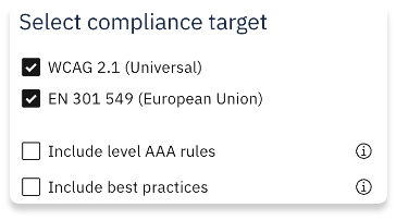 Screenshot of the compliance target selection page